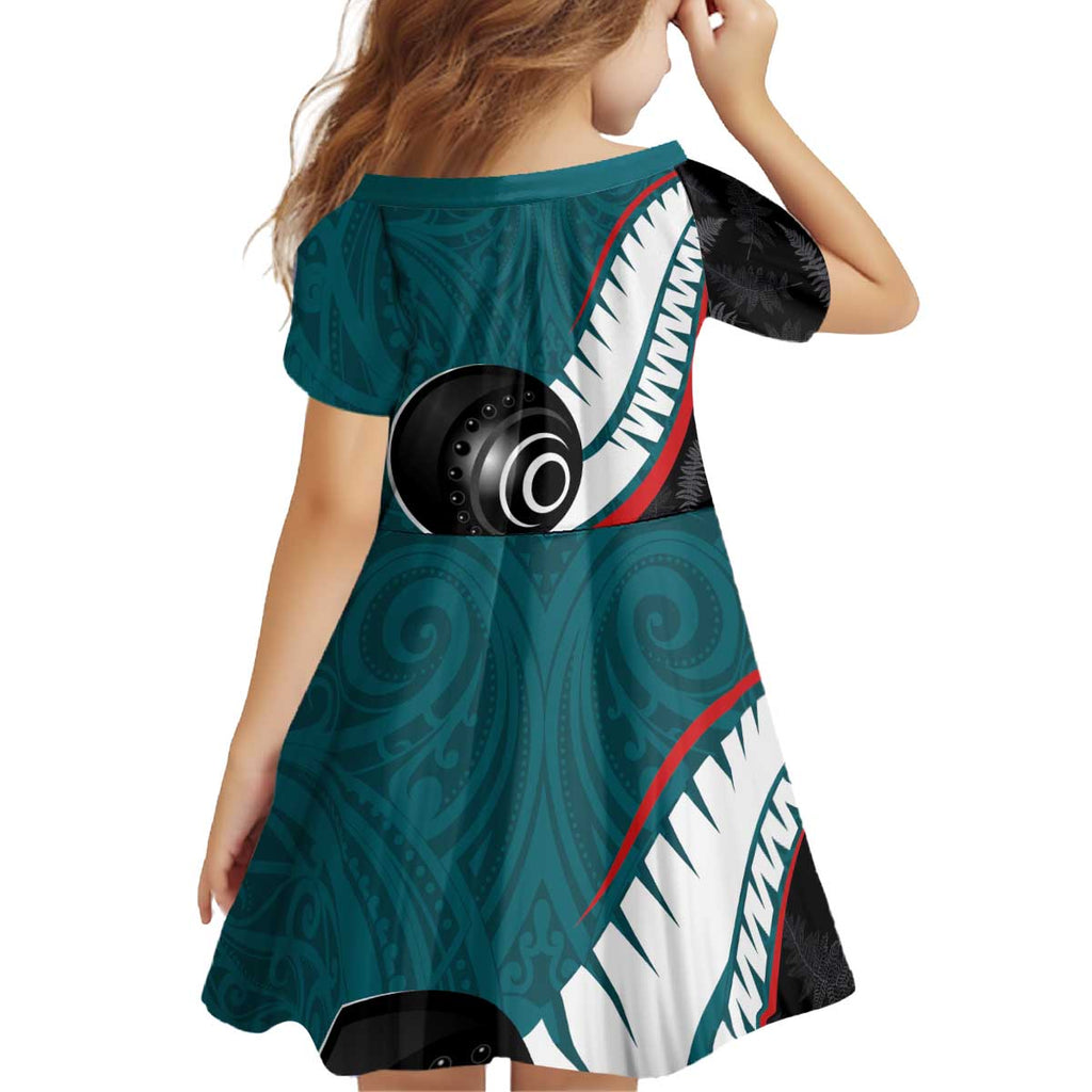 Personalised Aotearoa Lawn Bowls Kid Short Sleeve Dress Maori and Silver Fern Sporty Style Teal Color - Aussie Hoodie