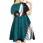 Personalised Aotearoa Lawn Bowls Kid Short Sleeve Dress Maori and Silver Fern Sporty Style Teal Color - Aussie Hoodie
