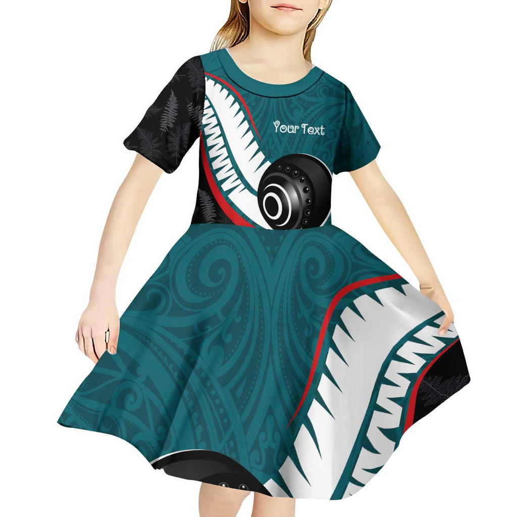 Personalised Aotearoa Lawn Bowls Kid Short Sleeve Dress Maori and Silver Fern Sporty Style Teal Color - Aussie Hoodie