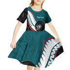 Personalised Aotearoa Lawn Bowls Kid Short Sleeve Dress Maori and Silver Fern Sporty Style Teal Color - Aussie Hoodie