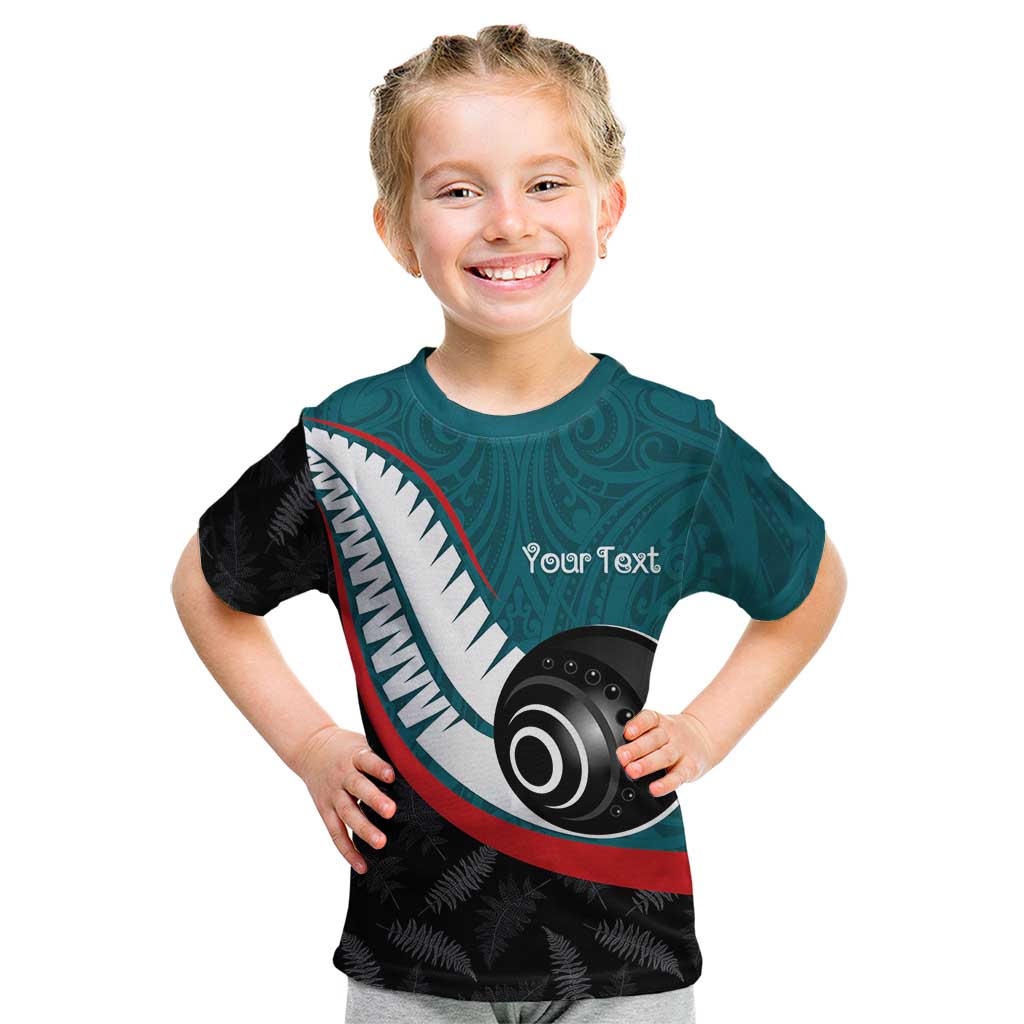 Personalised Aotearoa Lawn Bowls Kid T Shirt Maori and Silver Fern Sporty Style Teal Color - Aussie Hoodie