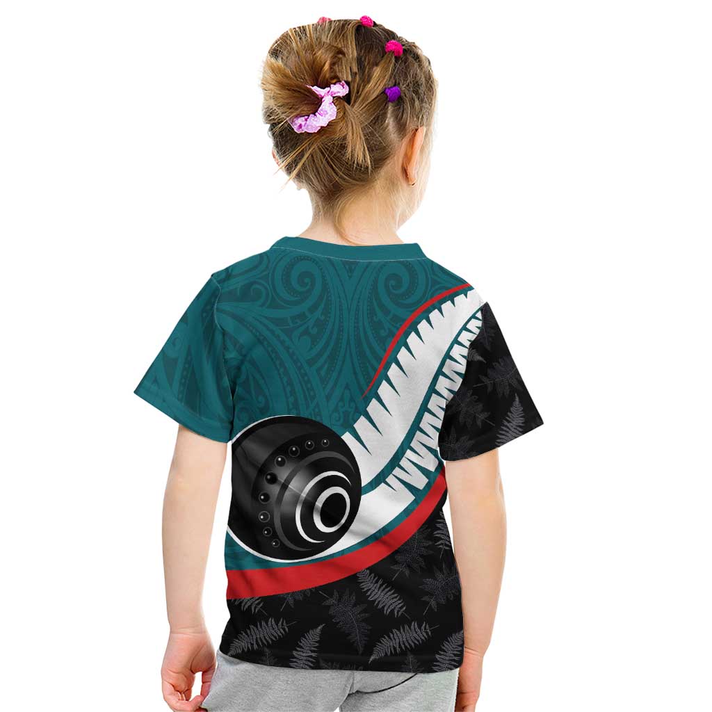 Personalised Aotearoa Lawn Bowls Kid T Shirt Maori and Silver Fern Sporty Style Teal Color - Aussie Hoodie