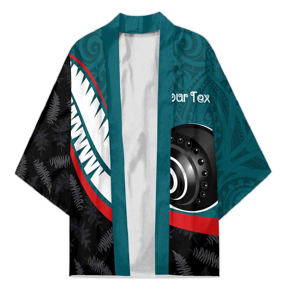 Personalised Aotearoa Lawn Bowls Kimono Maori and Silver Fern Sporty Style Teal Color - Aussie Hoodie