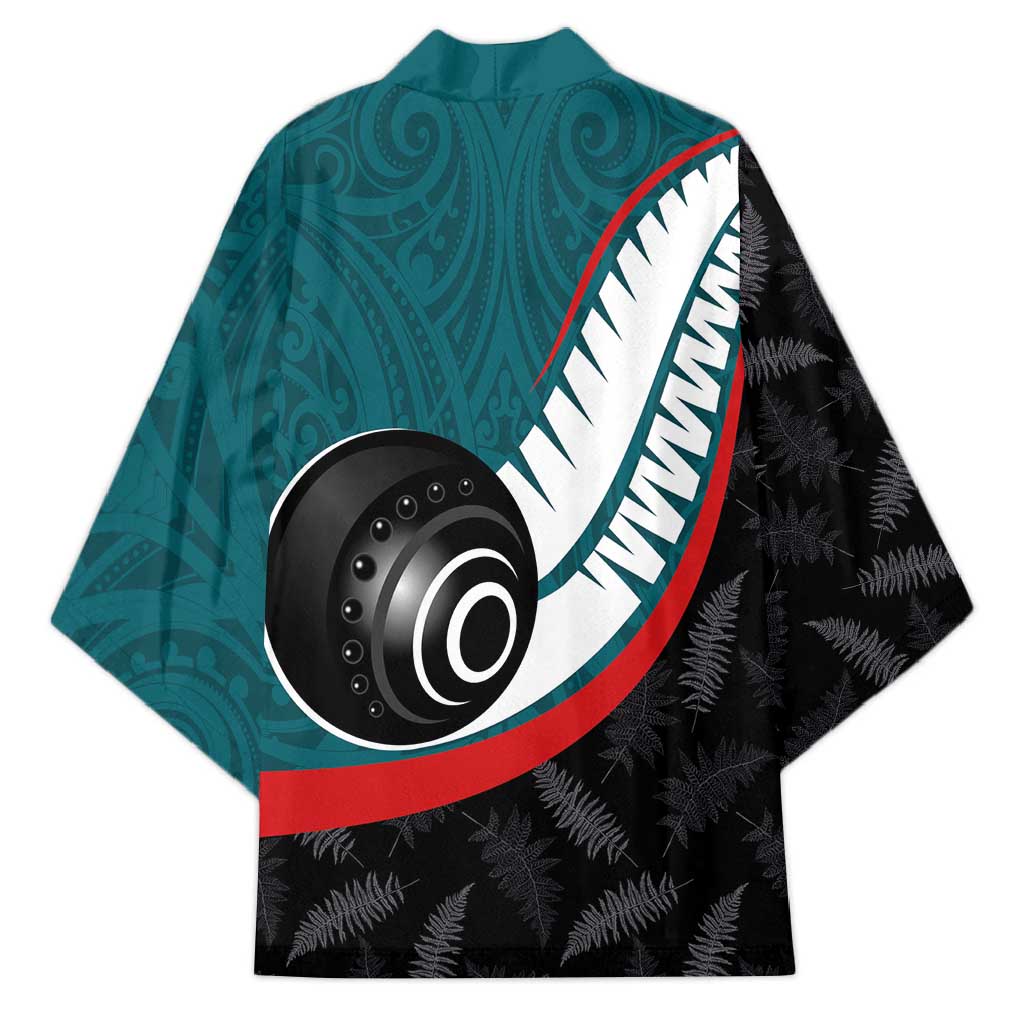 Personalised Aotearoa Lawn Bowls Kimono Maori and Silver Fern Sporty Style Teal Color - Aussie Hoodie