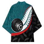 Personalised Aotearoa Lawn Bowls Kimono Maori and Silver Fern Sporty Style Teal Color - Aussie Hoodie
