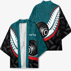 Personalised Aotearoa Lawn Bowls Kimono Maori and Silver Fern Sporty Style Teal Color - Aussie Hoodie