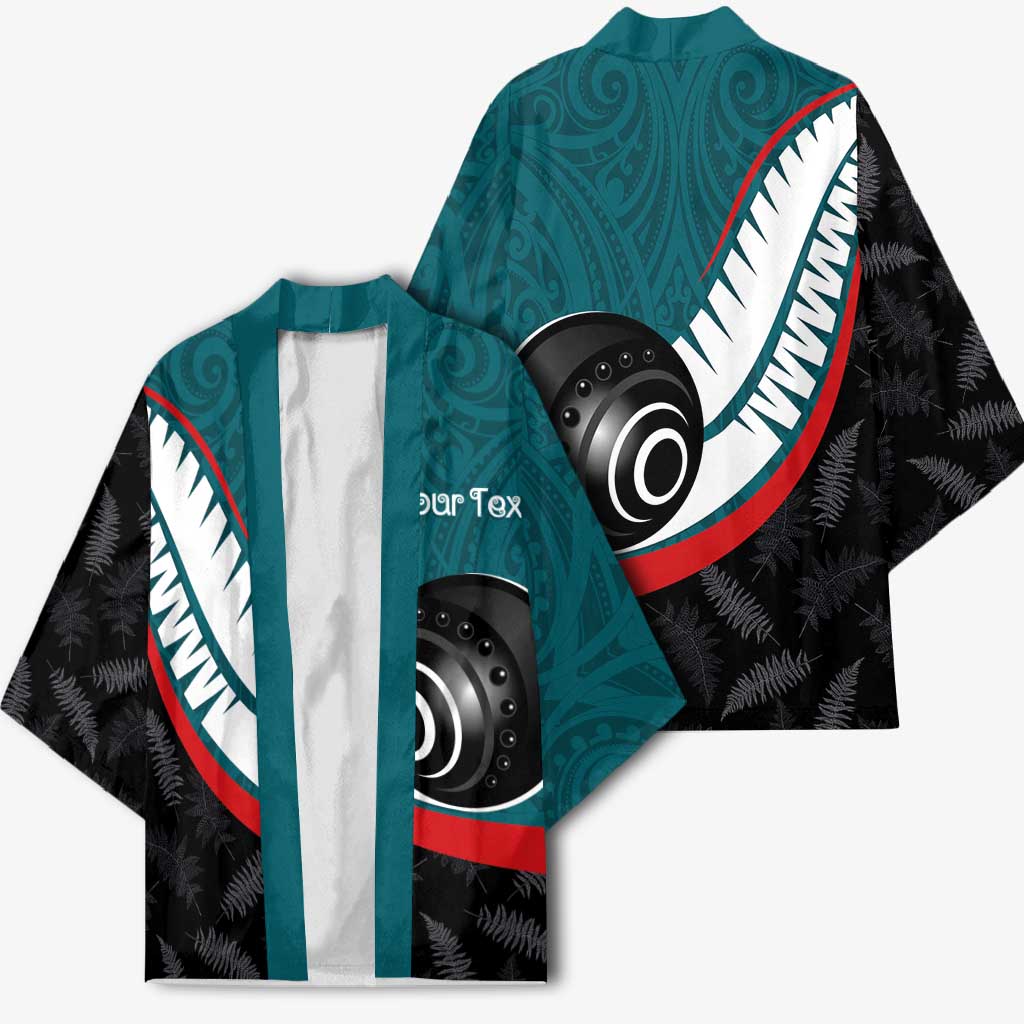 Personalised Aotearoa Lawn Bowls Kimono Maori and Silver Fern Sporty Style Teal Color - Aussie Hoodie