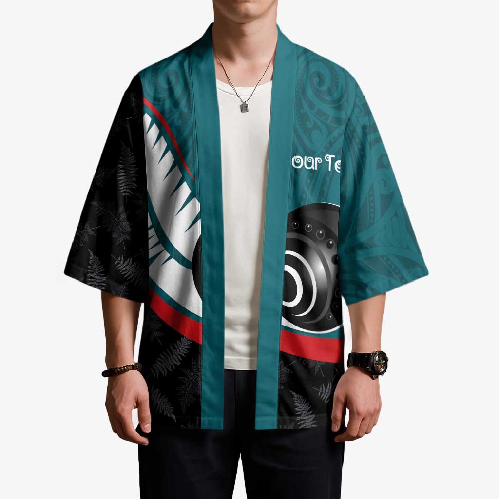 Personalised Aotearoa Lawn Bowls Kimono Maori and Silver Fern Sporty Style Teal Color - Aussie Hoodie