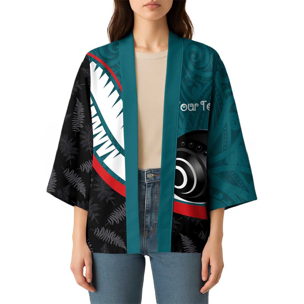 Personalised Aotearoa Lawn Bowls Kimono Maori and Silver Fern Sporty Style Teal Color - Aussie Hoodie