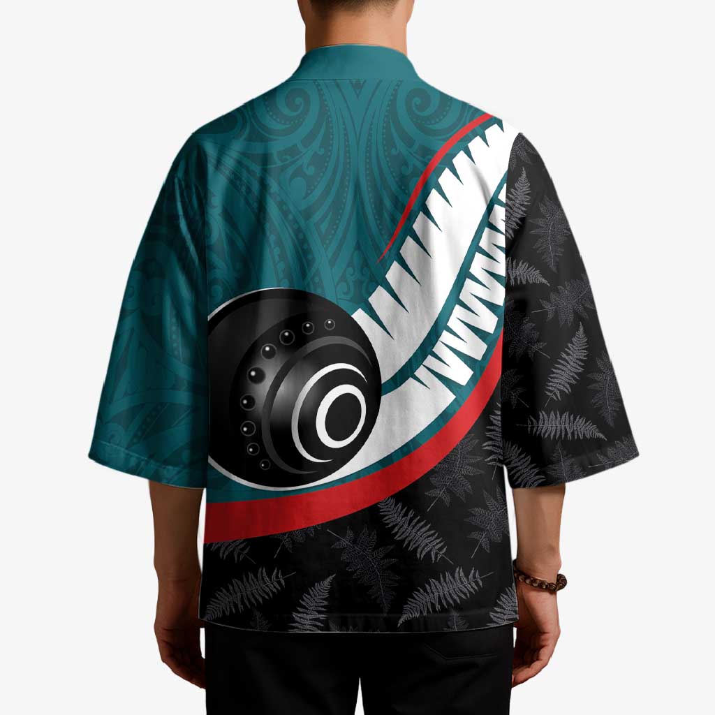 Personalised Aotearoa Lawn Bowls Kimono Maori and Silver Fern Sporty Style Teal Color - Aussie Hoodie