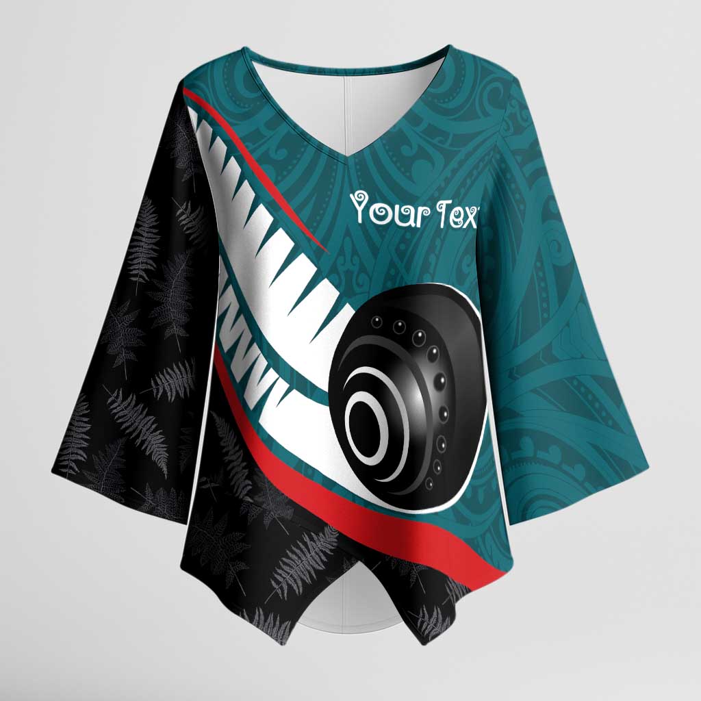 Personalised Aotearoa Lawn Bowls Kimono Sleeve Blouse Maori and Silver Fern Sporty Style Teal Color - Aussie Hoodie