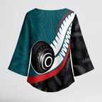 Personalised Aotearoa Lawn Bowls Kimono Sleeve Blouse Maori and Silver Fern Sporty Style Teal Color - Aussie Hoodie