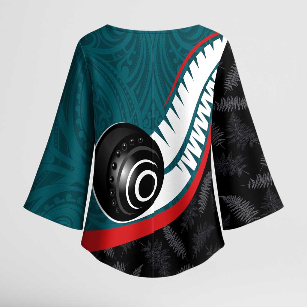 Personalised Aotearoa Lawn Bowls Kimono Sleeve Blouse Maori and Silver Fern Sporty Style Teal Color - Aussie Hoodie