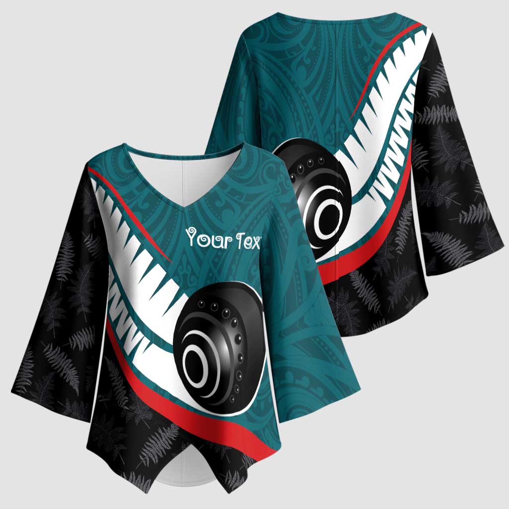 Personalised Aotearoa Lawn Bowls Kimono Sleeve Blouse Maori and Silver Fern Sporty Style Teal Color - Aussie Hoodie