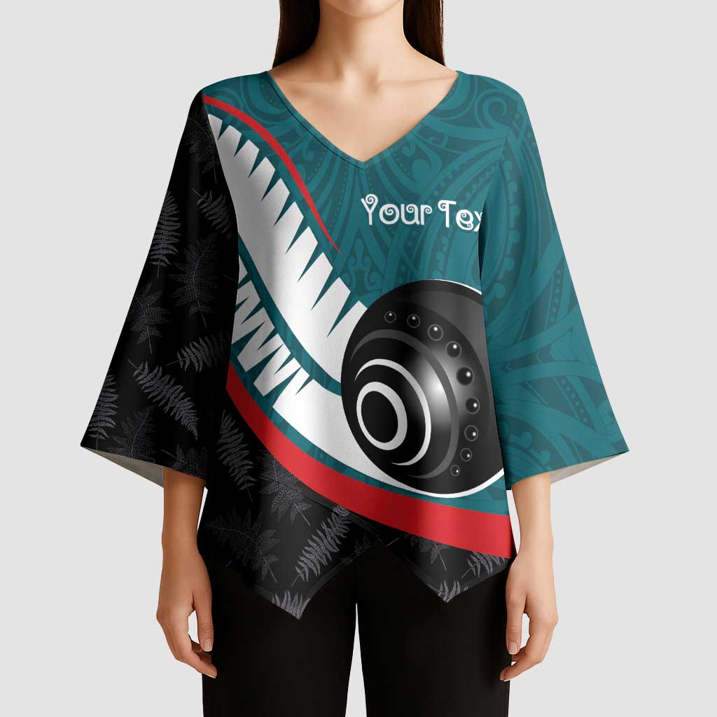Personalised Aotearoa Lawn Bowls Kimono Sleeve Blouse Maori and Silver Fern Sporty Style Teal Color - Aussie Hoodie