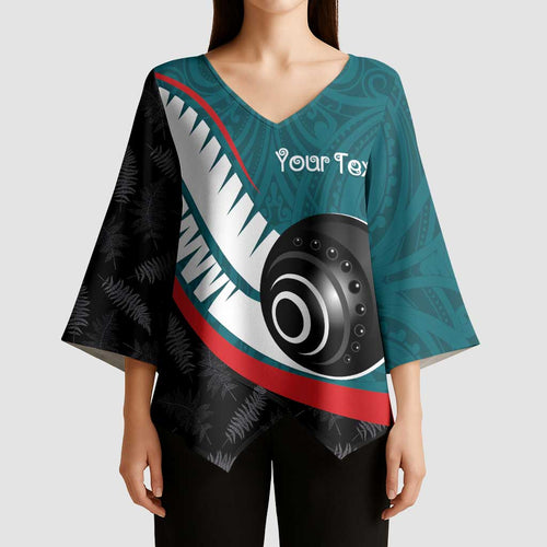 Personalised Aotearoa Lawn Bowls Kimono Sleeve Blouse Maori and Silver Fern Sporty Style Teal Color - Aussie Hoodie