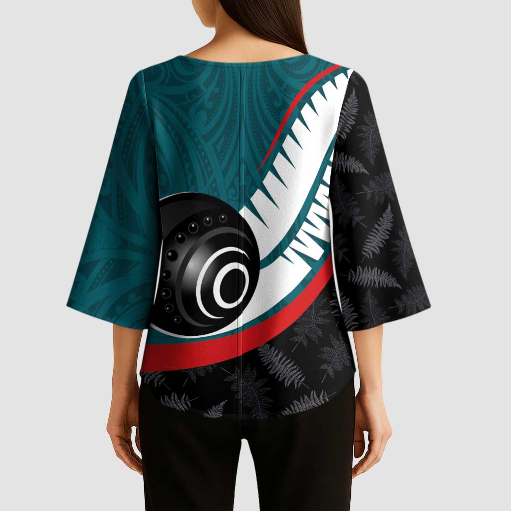 Personalised Aotearoa Lawn Bowls Kimono Sleeve Blouse Maori and Silver Fern Sporty Style Teal Color - Aussie Hoodie