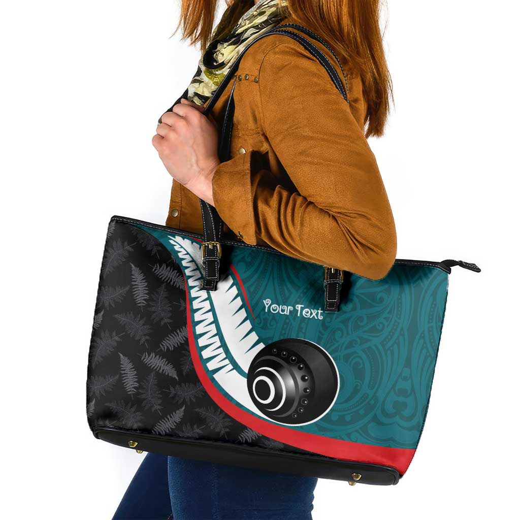 Personalised Aotearoa Lawn Bowls Leather Tote Bag Maori and Silver Fern Sporty Style Teal Color - Aussie Hoodie