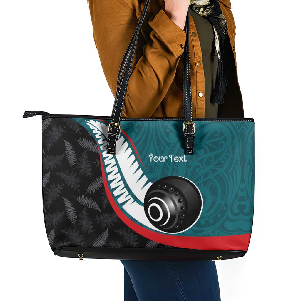 Personalised Aotearoa Lawn Bowls Leather Tote Bag Maori and Silver Fern Sporty Style Teal Color - Aussie Hoodie