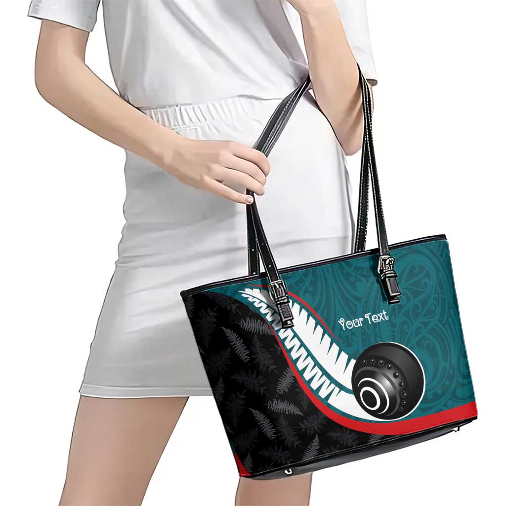 Personalised Aotearoa Lawn Bowls Leather Tote Bag Maori and Silver Fern Sporty Style Teal Color - Aussie Hoodie