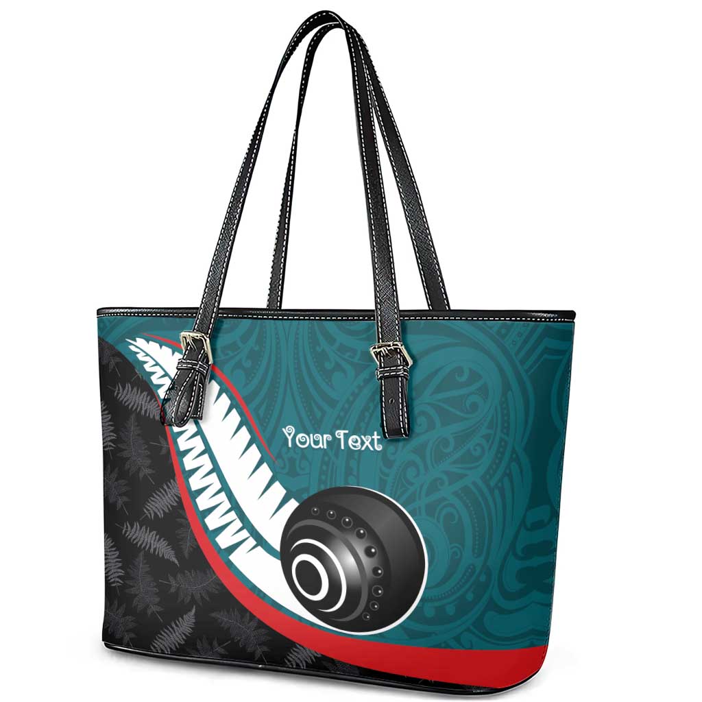 Personalised Aotearoa Lawn Bowls Leather Tote Bag Maori and Silver Fern Sporty Style Teal Color - Aussie Hoodie