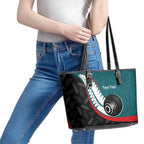 Personalised Aotearoa Lawn Bowls Leather Tote Bag Maori and Silver Fern Sporty Style Teal Color - Aussie Hoodie