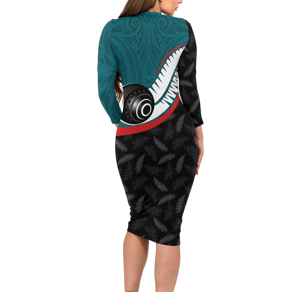 Personalised Aotearoa Lawn Bowls Long Sleeve Bodycon Dress Maori and Silver Fern Sporty Style Teal Color - Aussie Hoodie