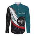 Personalised Aotearoa Lawn Bowls Long Sleeve Button Shirt Maori and Silver Fern Sporty Style Teal Color - Aussie Hoodie