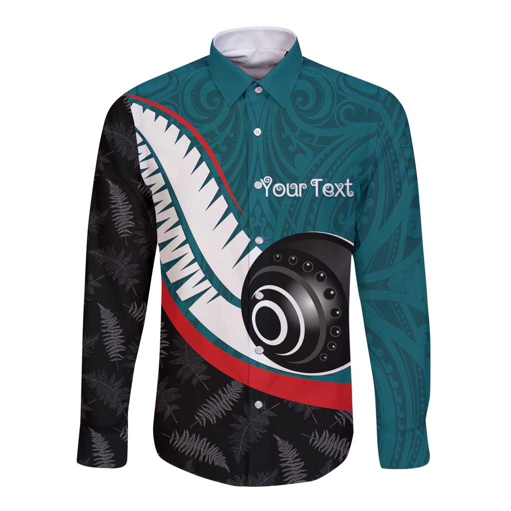Personalised Aotearoa Lawn Bowls Long Sleeve Button Shirt Maori and Silver Fern Sporty Style Teal Color - Aussie Hoodie