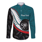 Personalised Aotearoa Lawn Bowls Long Sleeve Button Shirt Maori and Silver Fern Sporty Style Teal Color - Aussie Hoodie