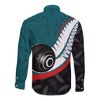 Personalised Aotearoa Lawn Bowls Long Sleeve Button Shirt Maori and Silver Fern Sporty Style Teal Color - Aussie Hoodie