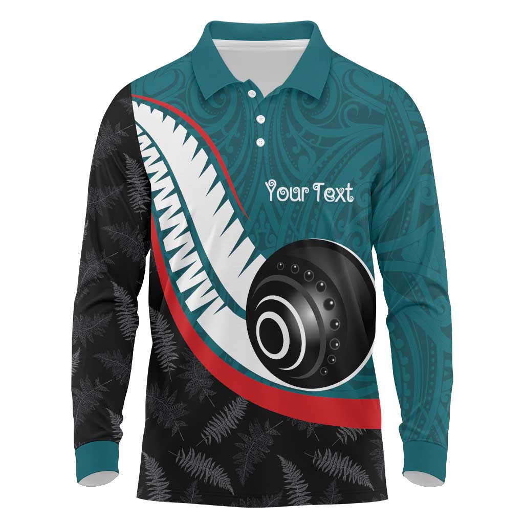 Personalised Aotearoa Lawn Bowls Long Sleeve Polo Shirt Maori and Silver Fern Sporty Style Teal Color - Aussie Hoodie