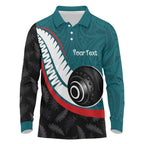 Personalised Aotearoa Lawn Bowls Long Sleeve Polo Shirt Maori and Silver Fern Sporty Style Teal Color - Aussie Hoodie