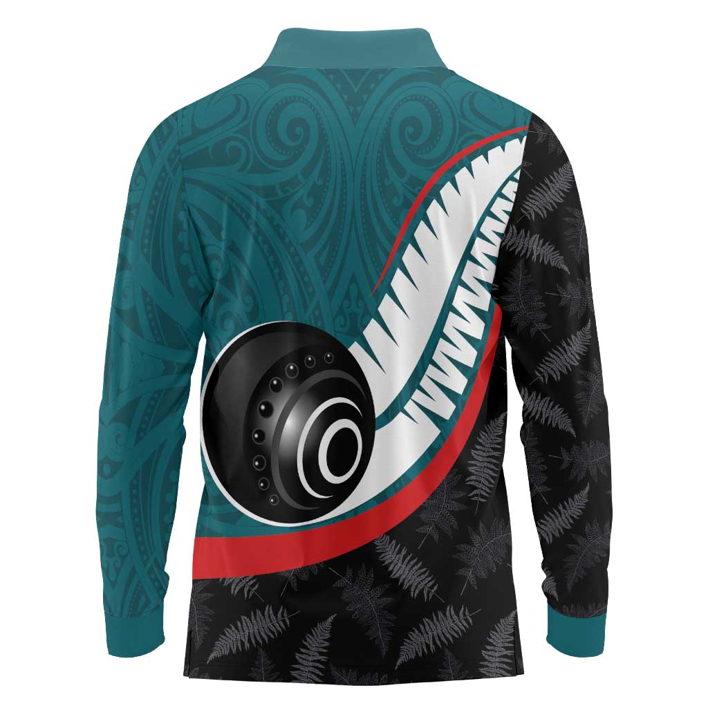 Personalised Aotearoa Lawn Bowls Long Sleeve Polo Shirt Maori and Silver Fern Sporty Style Teal Color - Aussie Hoodie
