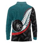 Personalised Aotearoa Lawn Bowls Long Sleeve Polo Shirt Maori and Silver Fern Sporty Style Teal Color - Aussie Hoodie
