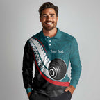 Personalised Aotearoa Lawn Bowls Long Sleeve Polo Shirt Maori and Silver Fern Sporty Style Teal Color - Aussie Hoodie