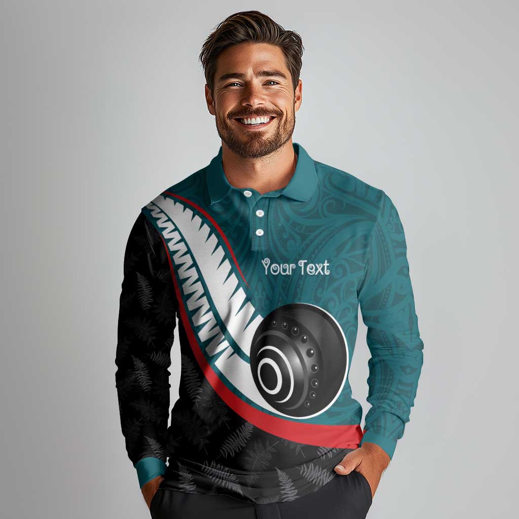 Personalised Aotearoa Lawn Bowls Long Sleeve Polo Shirt Maori and Silver Fern Sporty Style Teal Color - Aussie Hoodie