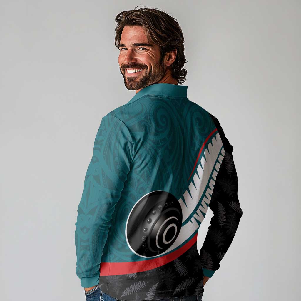 Personalised Aotearoa Lawn Bowls Long Sleeve Polo Shirt Maori and Silver Fern Sporty Style Teal Color - Aussie Hoodie
