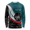 Personalised Aotearoa Lawn Bowls Long Sleeve Shirt Maori and Silver Fern Sporty Style Teal Color - Aussie Hoodie