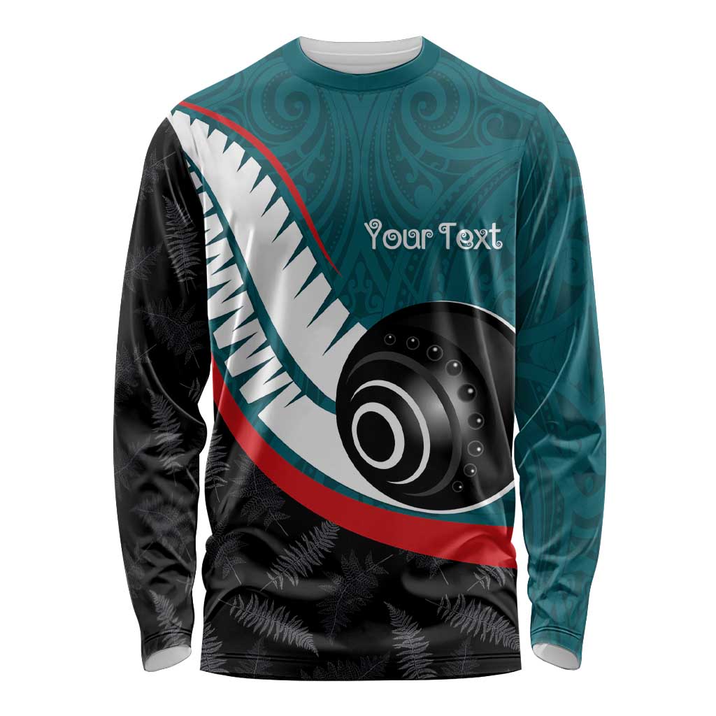 Personalised Aotearoa Lawn Bowls Long Sleeve Shirt Maori and Silver Fern Sporty Style Teal Color - Aussie Hoodie