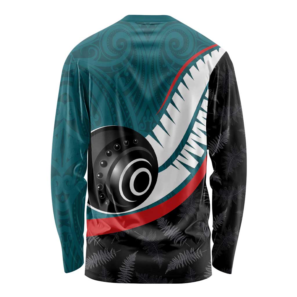 Personalised Aotearoa Lawn Bowls Long Sleeve Shirt Maori and Silver Fern Sporty Style Teal Color - Aussie Hoodie