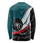 Personalised Aotearoa Lawn Bowls Long Sleeve Shirt Maori and Silver Fern Sporty Style Teal Color - Aussie Hoodie
