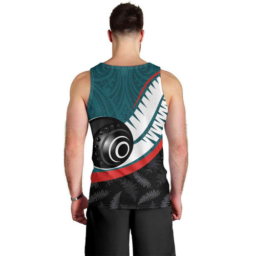 Personalised Aotearoa Lawn Bowls Men Tank Top Maori and Silver Fern Sporty Style Teal Color - Aussie Hoodie