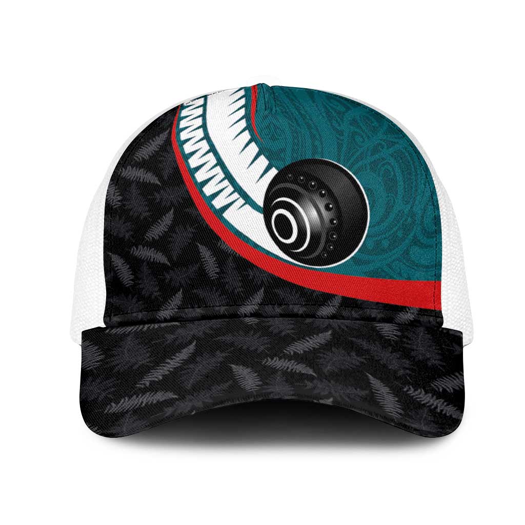 Aotearoa Lawn Bowls Mesh Trucker Cap Maori and Silver Fern Sporty Style Teal Color - Aussie Hoodie