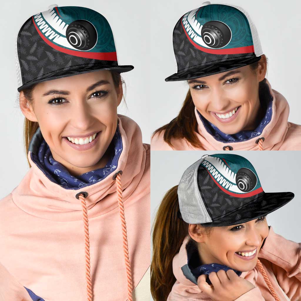 Aotearoa Lawn Bowls Mesh Trucker Cap Maori and Silver Fern Sporty Style Teal Color - Aussie Hoodie