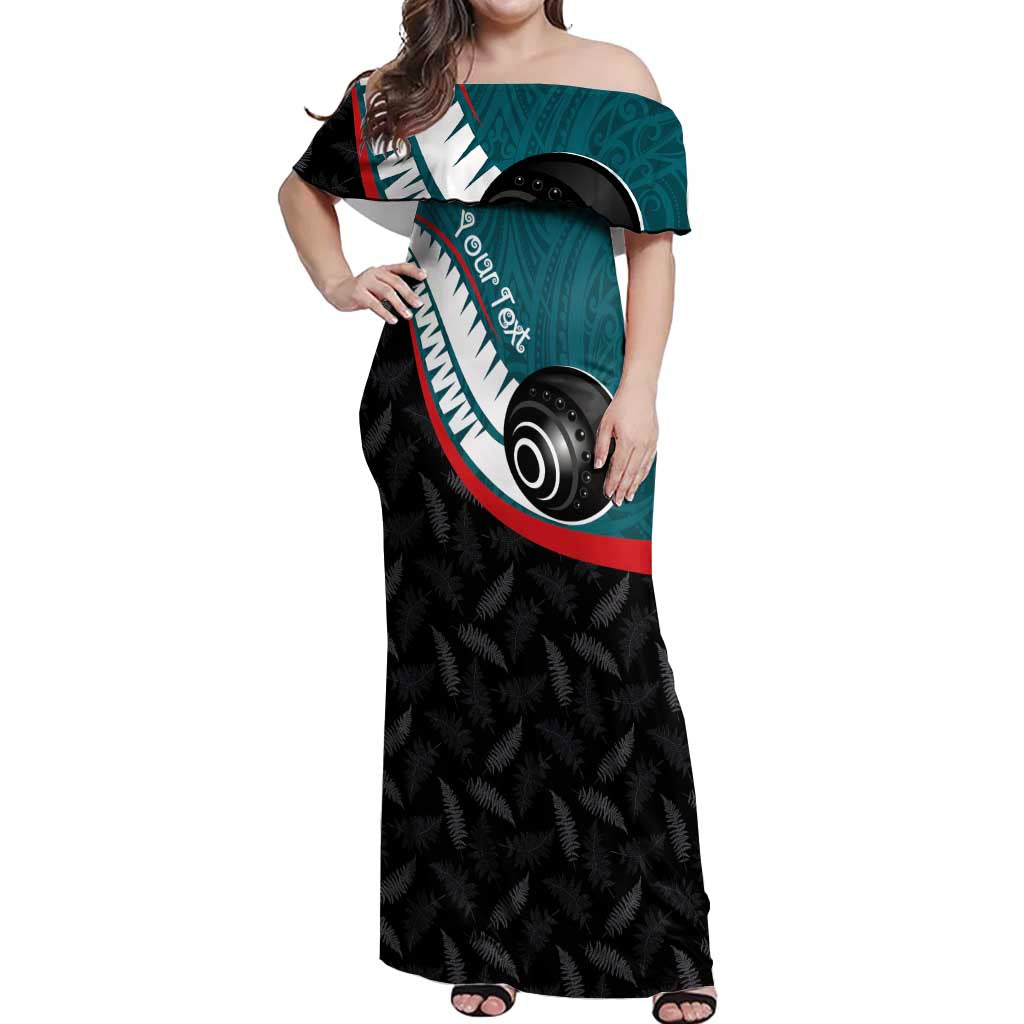 Personalised Aotearoa Lawn Bowls Off Shoulder Maxi Dress Maori and Silver Fern Sporty Style Teal Color - Aussie Hoodie