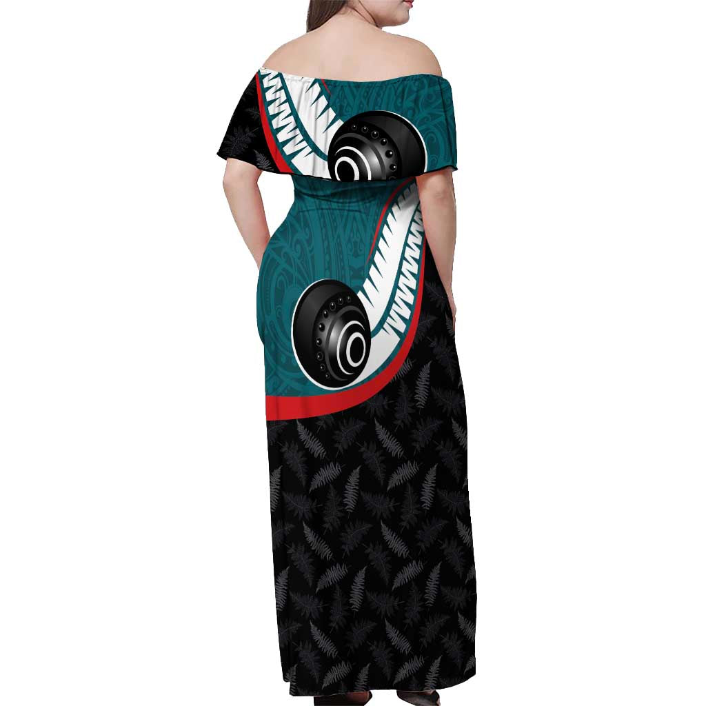Personalised Aotearoa Lawn Bowls Off Shoulder Maxi Dress Maori and Silver Fern Sporty Style Teal Color - Aussie Hoodie