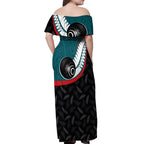 Personalised Aotearoa Lawn Bowls Off Shoulder Maxi Dress Maori and Silver Fern Sporty Style Teal Color - Aussie Hoodie
