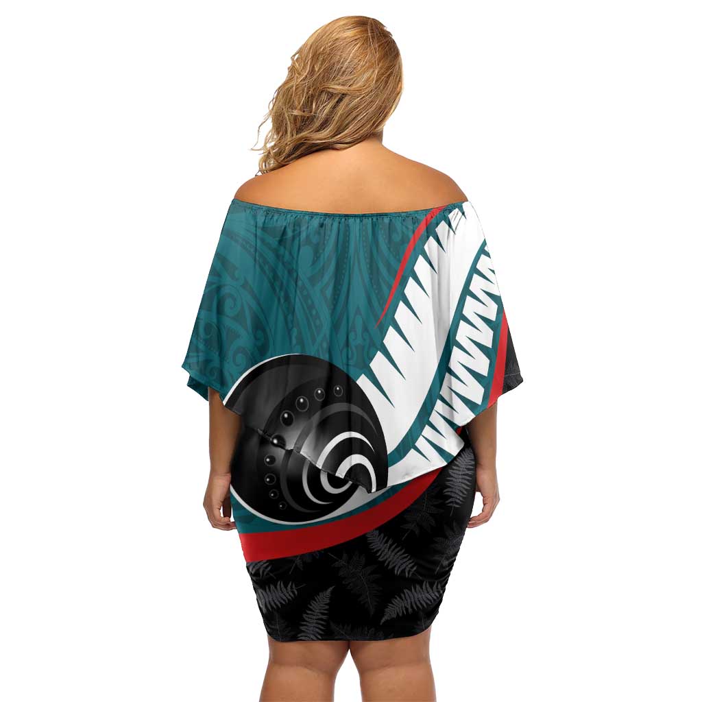 Personalised Aotearoa Lawn Bowls Off Shoulder Short Dress Maori and Silver Fern Sporty Style Teal Color - Aussie Hoodie