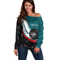 Personalised Aotearoa Lawn Bowls Off Shoulder Sweater Maori and Silver Fern Sporty Style Teal Color - Aussie Hoodie